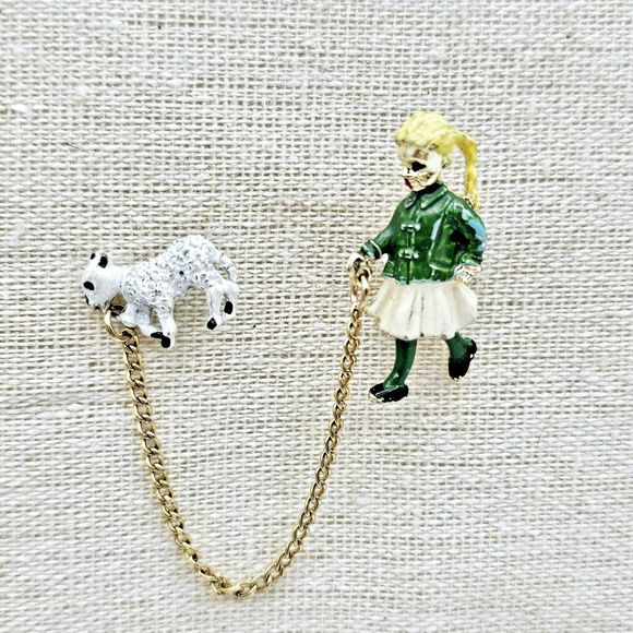 Double Brooch Vintage Blonde Girl Walking Lamb Pet Enamel Gold Tone Jewelry Pin - Picture 5 of 8